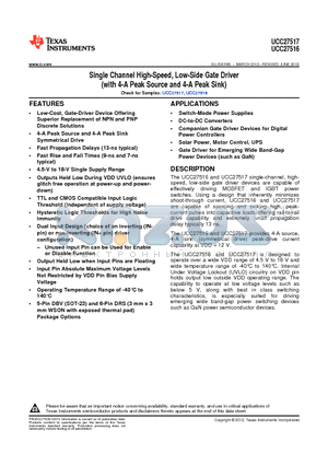 UCC27516DRST datasheet - Single Channel High-Speed, Low-Side Gate Driver