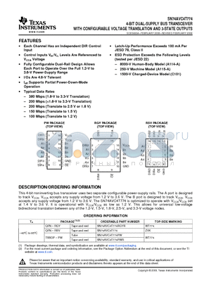 SN74AVC4T774PWR datasheet - 4-BIT DUAL-SUPPLY BUS TRANSCEIVER WITH CONFIGURABLE VOLTAGE TRANSLATION AND 3-STATE OUTPUTS