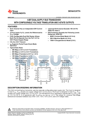 SN74AVC4T774RGYR datasheet - 4-BIT DUAL-SUPPLY BUS TRANSCEIVER WITH CONFIGURABLE VOLTAGE TRANSLATION AND 3-STATE OUTPUTS