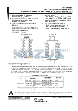 SN74AVC8T245 datasheet - 8 BIT DUAL SUPPLY BUS TRANSCEIVER WITH CONFIGURABLE VOLTAGE TRANSLATION AND 3-STATE OUTPUTS