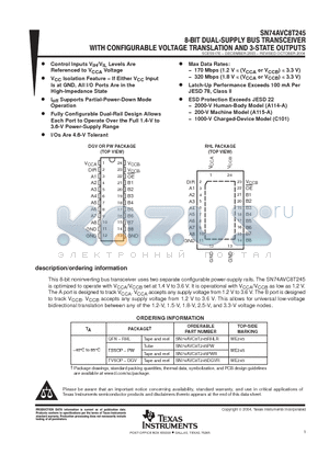 SN74AVC8T245PW datasheet - 8 BIT DUAL SUPPLY BUS TRANSCEIVER WITH CONFIGURABLE VOLTAGE TRANSLATION AND 3-STATE OUTPUTS