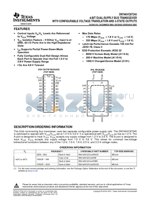 SN74AVC8T245PWRE4 datasheet - 8-BIT DUAL-SUPPLY BUS TRANSCEIVER WITH CONFIGURABLE VOLTAGE TRANSLATION AND 3-STATE OUTPUTS