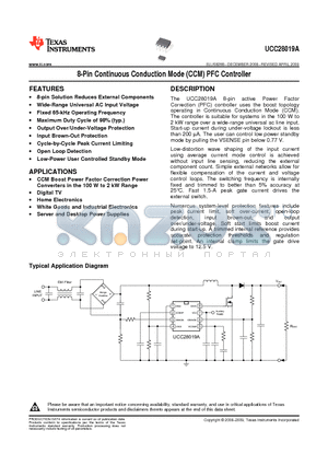 UCC28019AP datasheet - 8-Pin Continuous Conduction Mode (CCM) PFC Controller