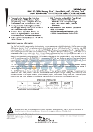 SN74AVCA406 datasheet - MMC SD CARD MEMORY STICK SMARTMEDIA AND XD PICTURE CARD 15KV ESD PROTECTED VOLTAGE TRANSLATION TRANSCEIVER