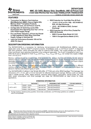 SN74AVCA406DGGR datasheet - MMC, SD CARD, Memory Stick, SmartMedia, AND xD-Picture Card a15-kV ESD-PROTECTED VOLTAGE-TRANSLATION TRANSCEIVER