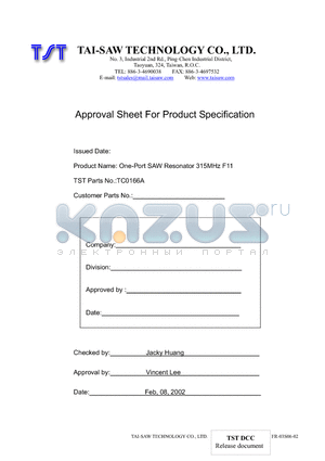 TC0166A datasheet - One-Port SAW Resonator 315MHz F11