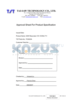 TC0223A datasheet - SAW Resonator 315.15 MHz F11