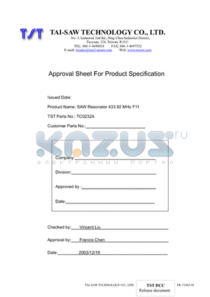 TC0232A datasheet - SAW Resonator 433.92 MHz F11