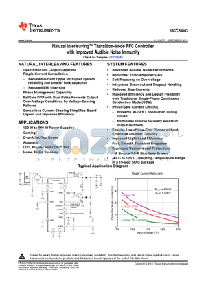 UCC28063 datasheet - Natural Interleaving Transition-Mode PFC Controller with Improved Audible Noise Immunity