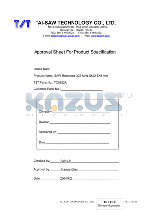 TC0252A datasheet - SAW Resonator 302 MHz SMD 5X5 mm