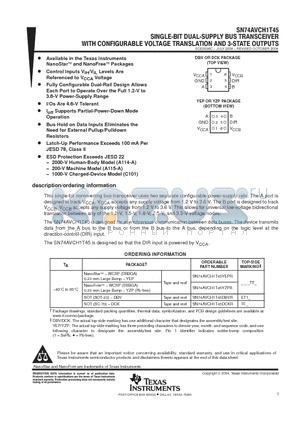 SN74AVCH1T45YEPR datasheet - SINGLE BIT DUAL SUPPLY BUS TRANSCEIVER