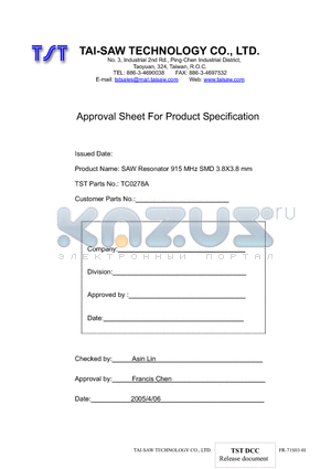 TC0278A datasheet - SAW Resonator 915 MHz SMD 3.8X3.8 mm