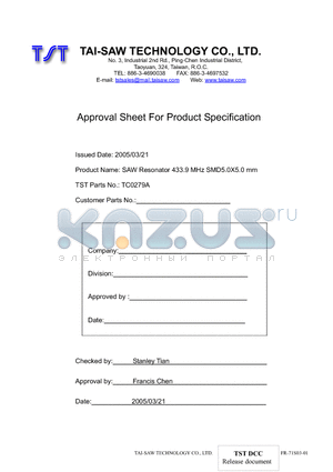 TC0279A datasheet - SAW Resonator 433.9 MHz SMD5.0X5.0 mm