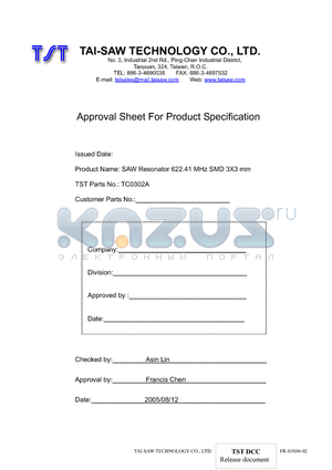 TC0302A datasheet - SAW Resonator 622.41 MHz SMD 3X3 mm