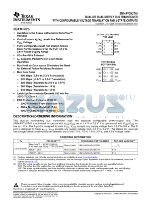 SN74AVCH2T45 datasheet - DUAL-BIT DUAL-SUPPLY BUS TRANSCEIVER WITH CONFIGURABLE VOLTAGE TRANSLATION AND 3-STATE OUTPUTS