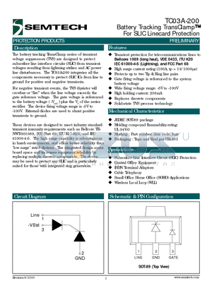 TC03A-200TC datasheet - Battery Tracking TransClamp For SLIC Linecard Protection