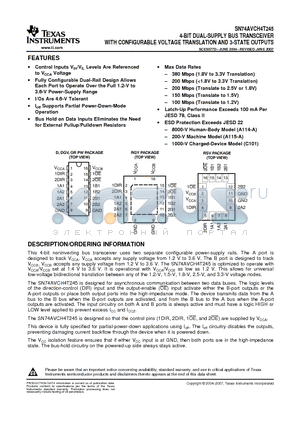 SN74AVCH4T245DE4 datasheet - 4-BIT DUAL-SUPPLY BUS TRANSCEIVER WITH CONFIGURABLE VOLTAGE TRANSLATION AND 3-STATE OUTPUTS