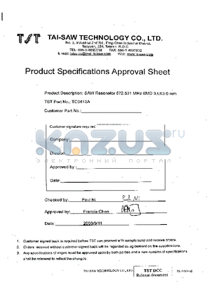 TC0412A datasheet - SAW Resonator 672.531 MHz SMD 3.0X3.0 mm