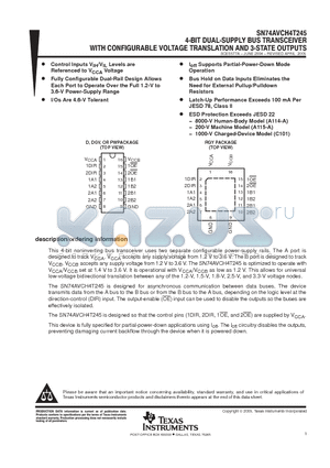 SN74AVCH4T245DR datasheet - 4-BIT DUAL-SUPPLY BUS TRANSCEIVER WITH CONFIGURABLE VOLTAGE TRANSLATION AND 3-STATE OUTPUTS