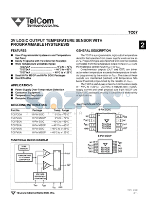 TC07 datasheet - 3V LOGIC OUTPUT TEMPERATURE SENSOR WITH PROGRAMMABLE HYSTERESIS