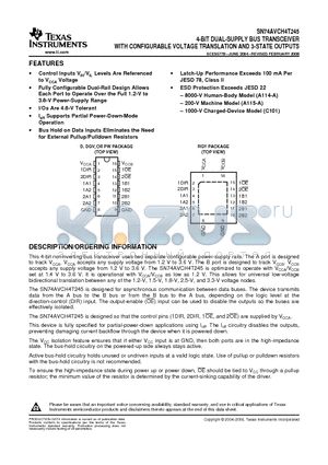 SN74AVCH4T245PWR datasheet - 4-BIT DUAL-SUPPLY BUS TRANSCEIVER WITH CONFIGURABLE VOLTAGE TRANSLATION AND 3-STATE OUTPUTS