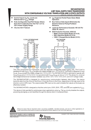 SN74AVCH4T245PWT datasheet - 4-BIT DUAL-SUPPLY BUS TRANSCEIVER WITH CONFIGURABLE VOLTAGE TRANSLATION AND 3-STATE OUTPUTS