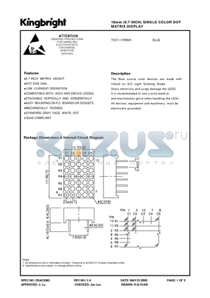 TC07-11PBWA datasheet - 18mm (0.7 INCH) SINGLE COLOR DOT MATRIX DISPLAY