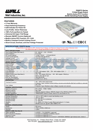 PSSP-75-15 datasheet - 75 Watt Single Output Built-In Active PFC Function AC/DC Switching Power Supply