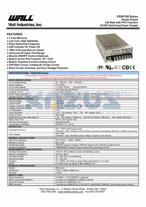 PSSP100-48 datasheet - Single Output 100 Watt with PFC Function AC/DC Switching Power Supply