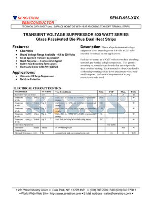 SEN-R-956-043 datasheet - TRANSIENT VOLTAGE SUPPRESSOR 500 WATT SERIES Glass Passivated Die Plus Dual Heat Strips