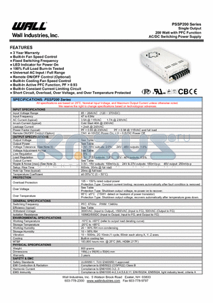 PSSP200-15 datasheet - Single Output 200 Watt with PFC Function AC/DC Switching Power Supply