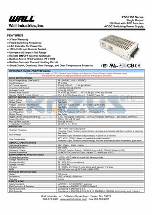 PSSP150 datasheet - Single Output 150 Watt with PFC Function AC/DC Switching Power Supply