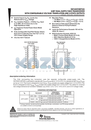 SN74AVCH8T245PW datasheet - 8-BIT DUAL-SUPPLY BUS TRANSCEIVER WITH CONFIGURABLE VILTAGE TRANSLATION AND 3-STATE OUTPUTS