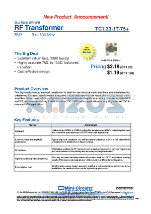 TC1.33-1T-75+ datasheet - RF Transformer