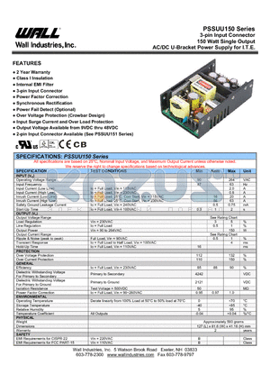 PSSUU150-108 datasheet - 3-pin Input Connector 150 Watt Single Output AC/DC U-Bracket Power Supply for I.T.E.