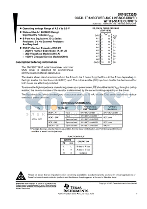 SN74BCT2245DBLE datasheet - OCTAL TRANSCEIVER AND LINE/MOS DRIVER WITH 3-STATE OUTPUTS