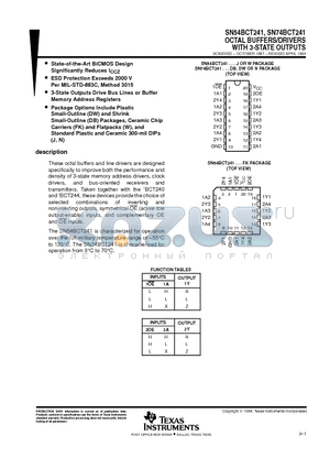 SN74BCT241N datasheet - OCTAL BUFFERS/DRIVERS WITH 3-STATE OUTPUTS