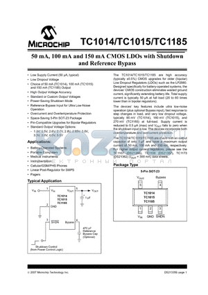 TC1014-2.6VCT713 datasheet - 50 mA, 100 mA and 150 mA CMOS LDOs with Shutdown and Reference Bypass