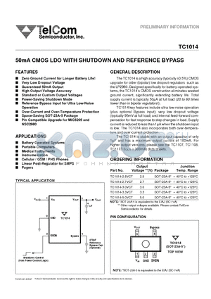 TC1014-2.7VCT datasheet - 50mA CMOS LDO WITH SHUTDOWN AND REFERENCE BYPASS