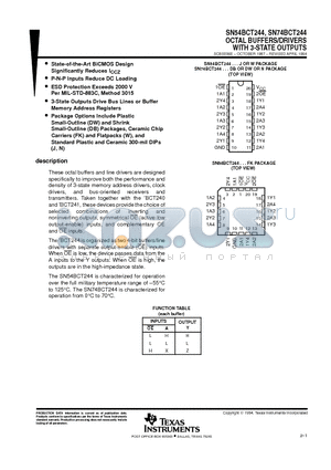 SN74BCT244DWE4 datasheet - OCTAL BUFFERS/DRIVERS WITH 3-STATE OUTPUTS