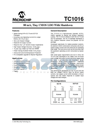 TC1016-1.85VCTTR datasheet - 80 mA, Tiny CMOS LDO With Shutdown