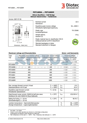 PST1600B datasheet - Silicon Rectifiers - Half Bridge