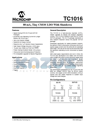 TC1016-2.9VLTTR datasheet - 80 mA, Tiny CMOS LDO With Shutdown