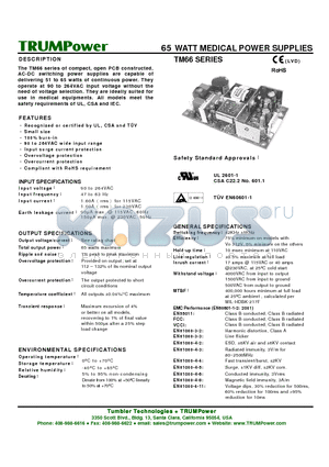 TM66-12 datasheet - 65 WATT MEDICAL POWER SUPPLIES