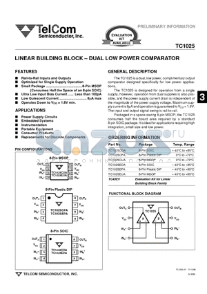 TC1025COA datasheet - LINEAR BUILDING BLOCK - DUAL LOW POWER COMPARATOR