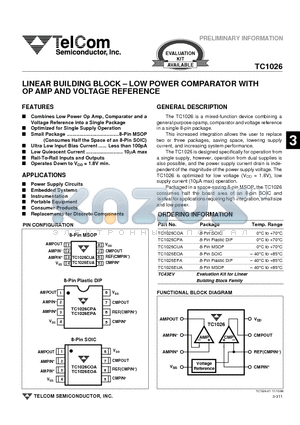 TC1026CPA datasheet - LINEAR BUILDING BLOCK - LOW POWER COMPARATOR WITH OP AMP AND VOLTAGE REFERENCE