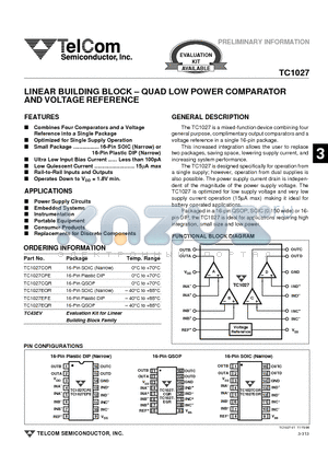 TC1027 datasheet - LINEAR BUILDING BLOCK - QUAD LOW POWER COMPARATOR AND VOLTAGE REFERENCE