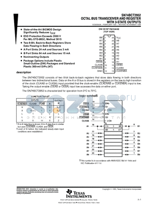 SN74BCT2952NT datasheet - OCTAL BUS TRANSCEIVER AND REGISTER WITH 3-STATE OUTPUTS