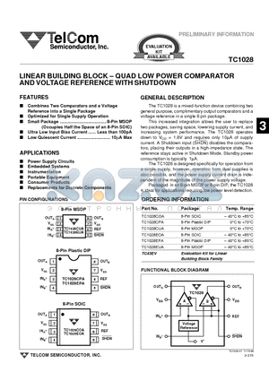 TC1028CPA datasheet - LINEAR BUILDING BLOCK - QUAD LOW POWER COMPARATOR AND VOLTAGE REFERENCE WITH SHUTDOWN