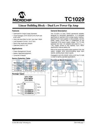 TC1029 datasheet - Linear Building Block - Dual Low Power Op Amp